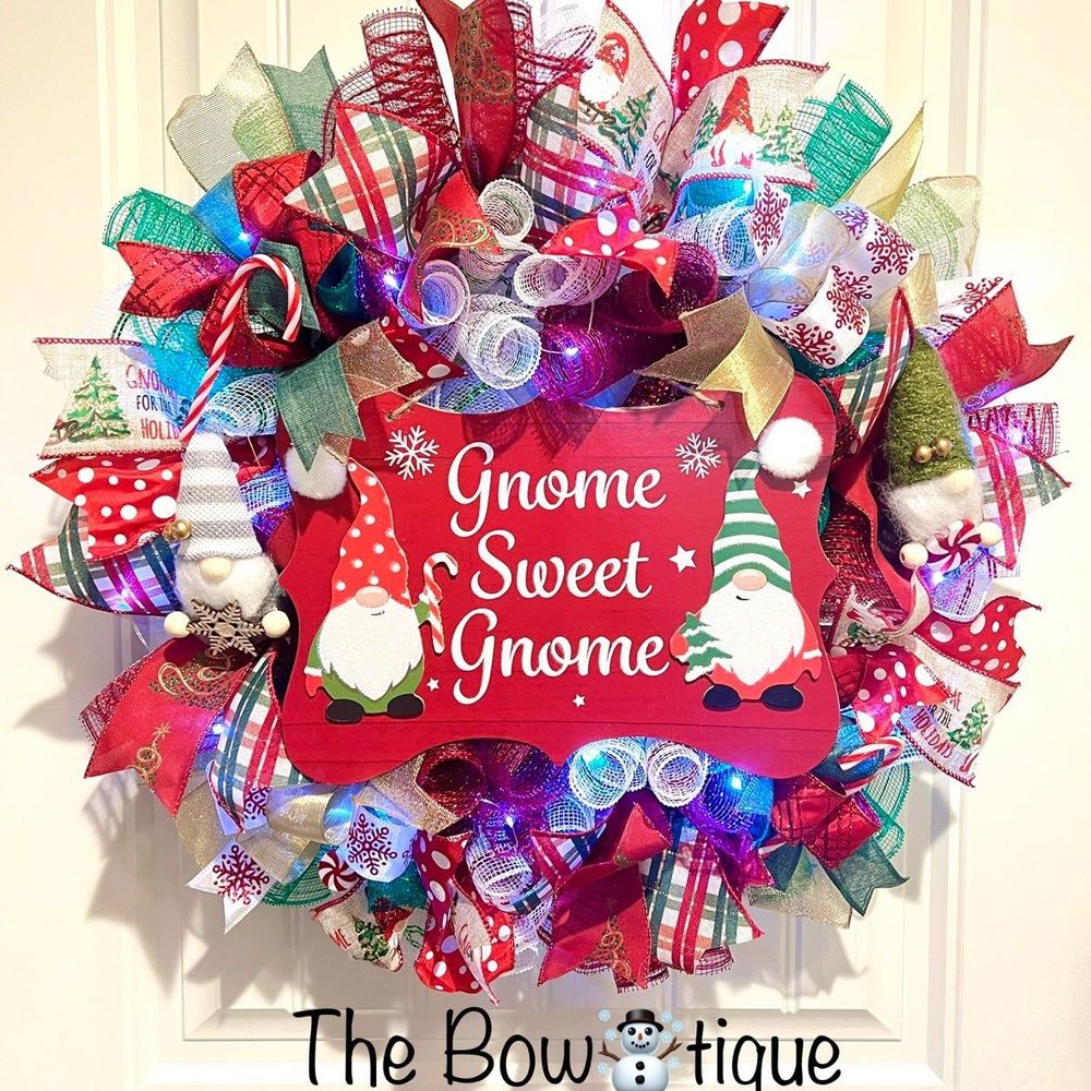 Handmade Christmas Gnome Sweet Gnome Holiday Ribbon Door Wreath 22 ins LED W35
